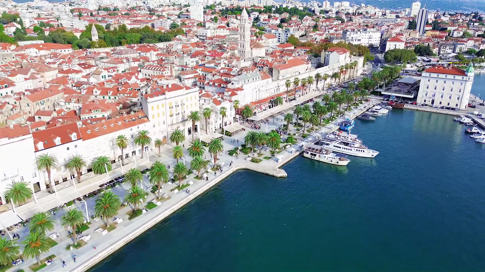 Aerial view of the Split waterfront and Diocletian’s Palace