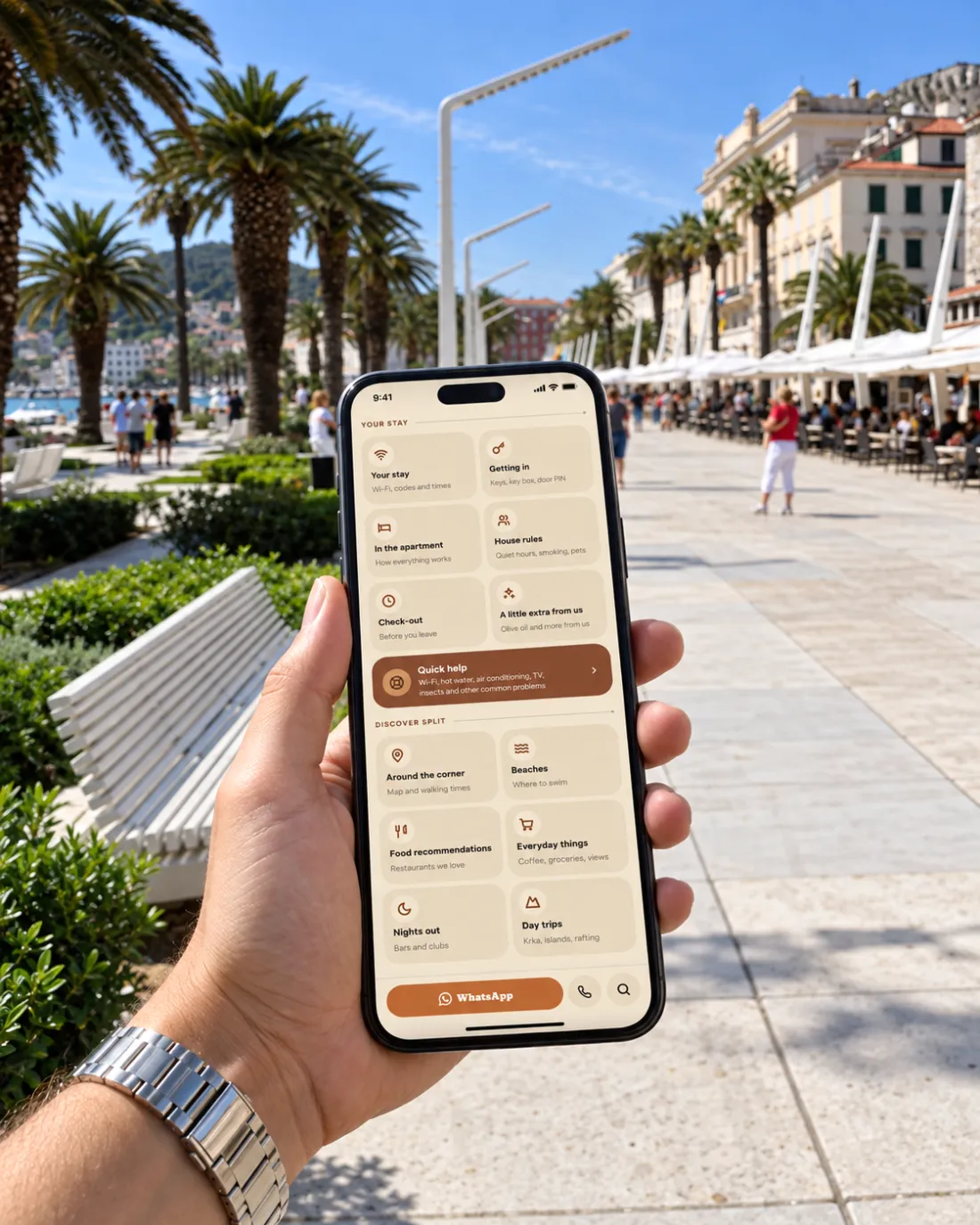 Guest holding a phone with the ChiColata digital guide open on Split's Riva promenade.